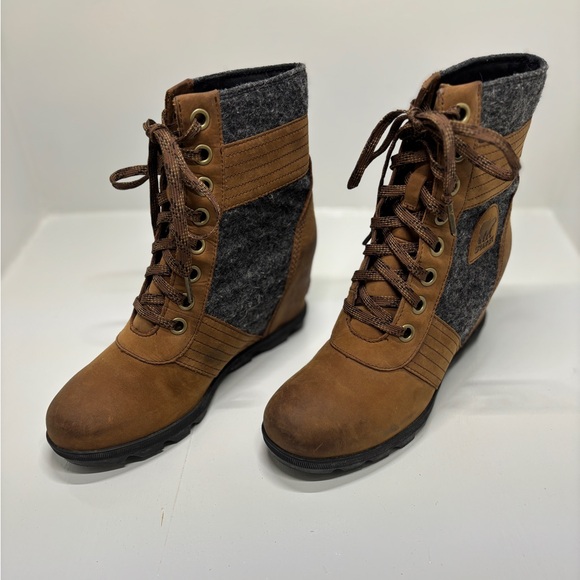 Sorel After Hours Wedge Boots Womens 9 Brown Leather Felt Lace Up NL3376 - Picture 2 of 11